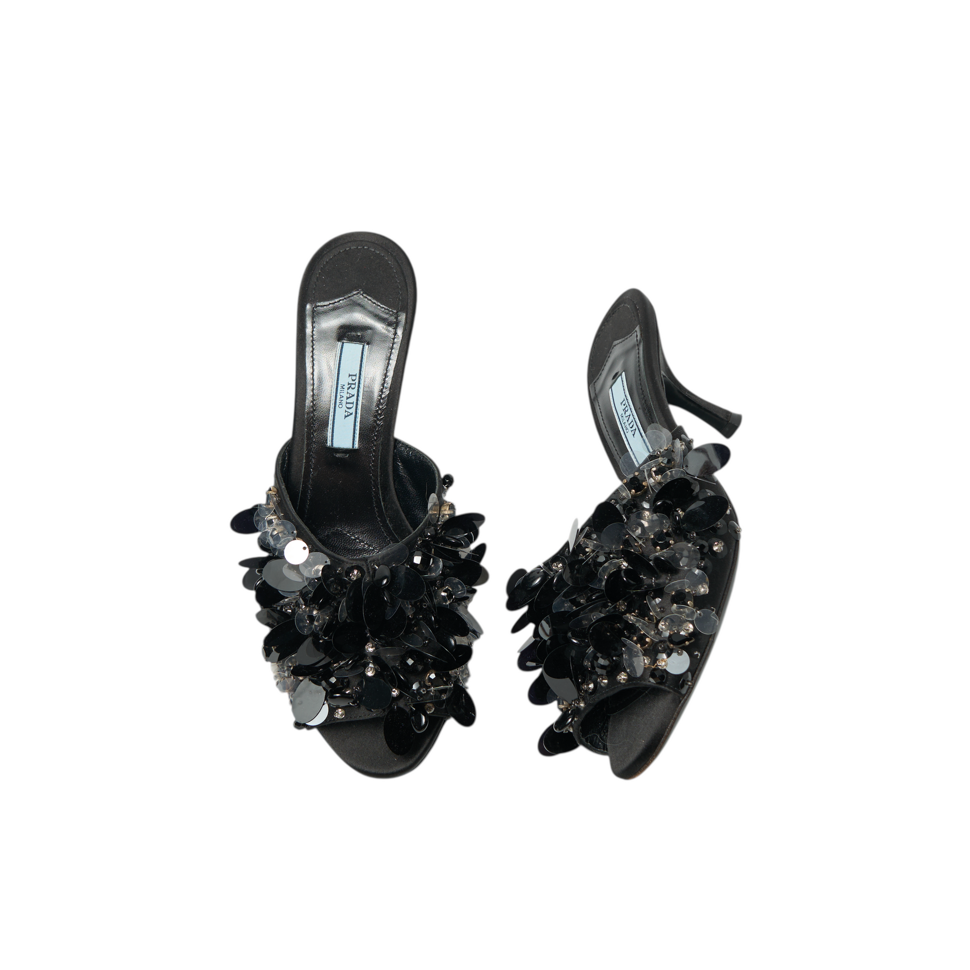 prada 2000s black sequin heels