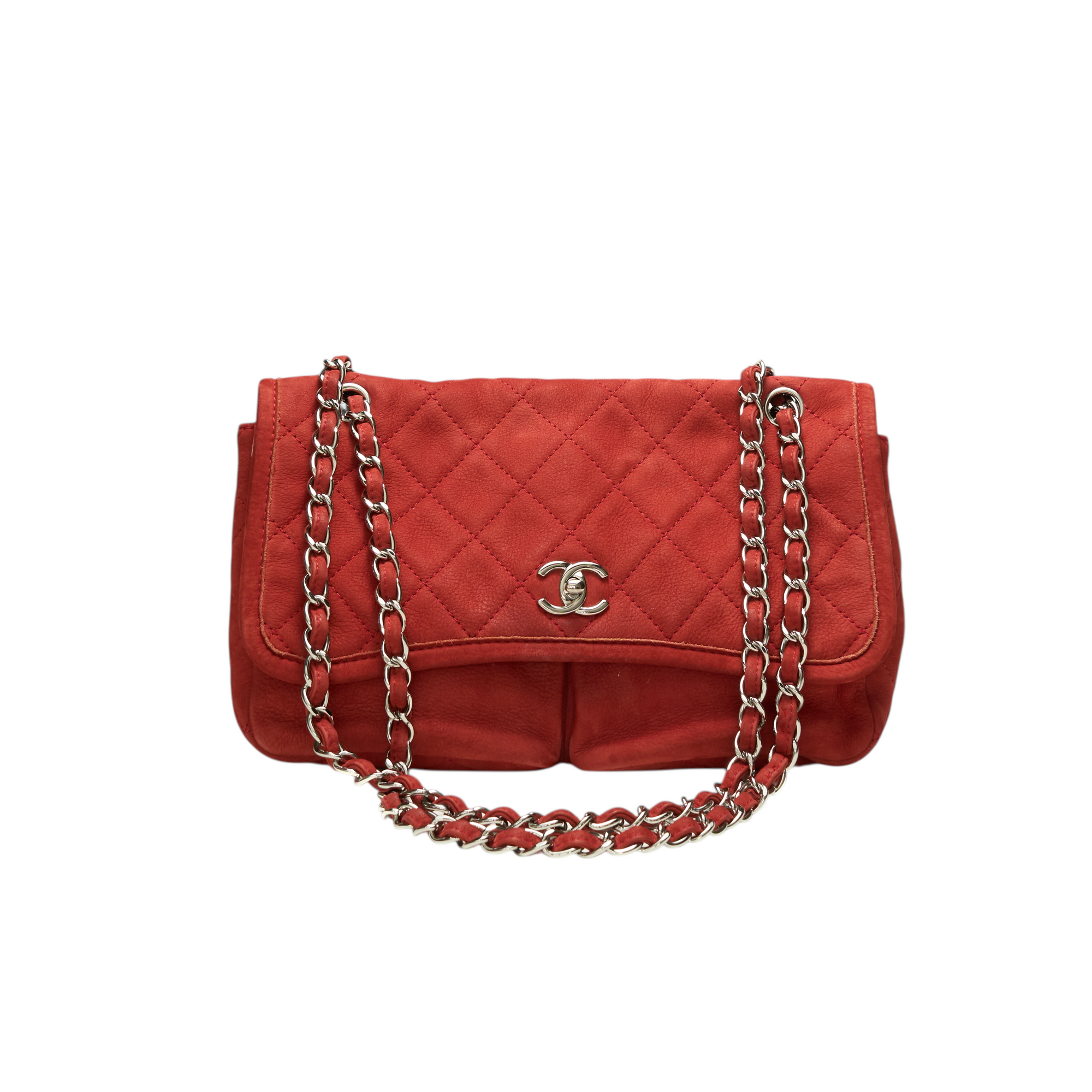 chanel 2000s red suede flap bag